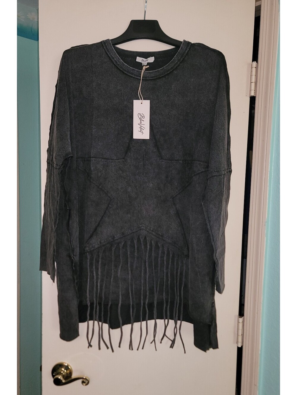 Blue Velvet Brand Charcoal Cotton Fringe Boho Long Sleeve Tunic Top L NWT